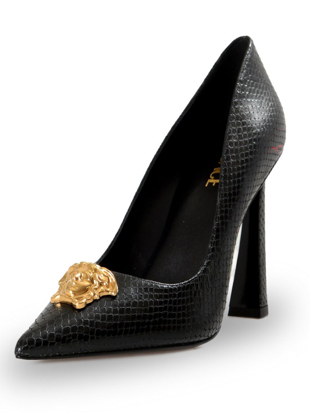 Versace Women's Gold Medusa Black Leather High Heel Pump Shoes US 9 IT 39